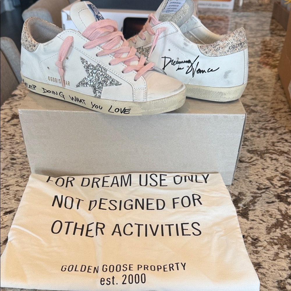 Golden Goose White Sneakers with Glitter Star and Pink Accents